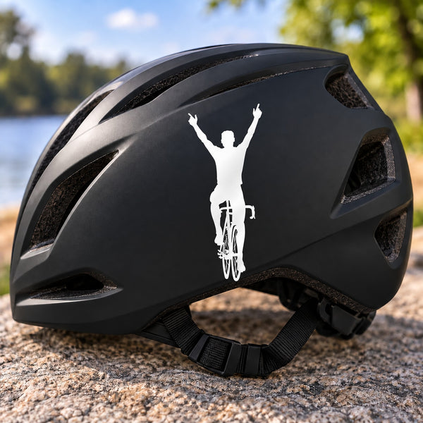 Black bicycle helmet with white winner bicyclist decal, arms raised