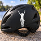 Black bicycle helmet with white winner bicyclist decal, arms raised