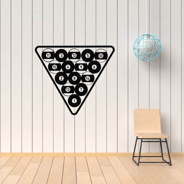Triangular billiard balls rack wall decal with numbered solid stripe balls