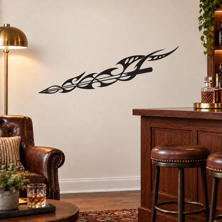 Black flame-style decorative pool stick decal with swirling line details
