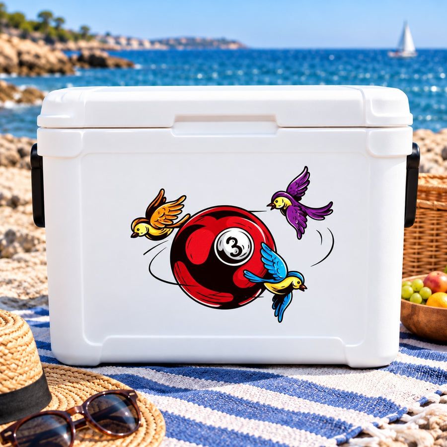 Billiard ball sticker with red ball and four colorful birds in spinning pose
