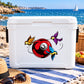 Billiard ball sticker with red ball and four colorful birds in spinning pose