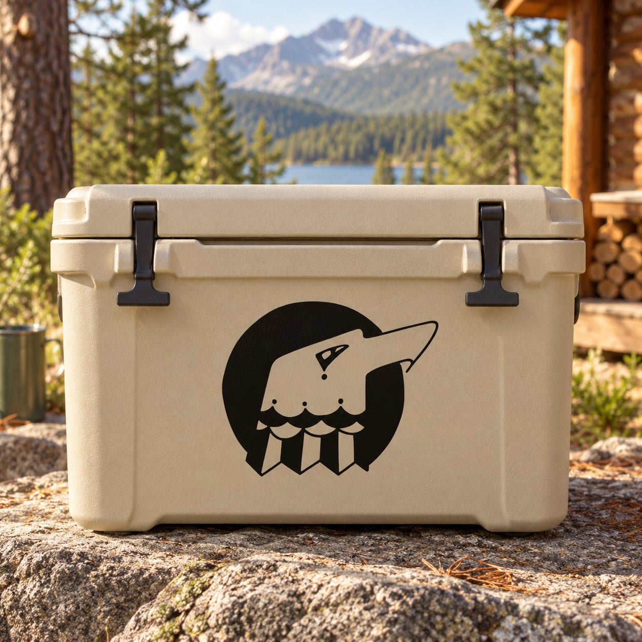 Beige cooler with black eagle head and circle decal
