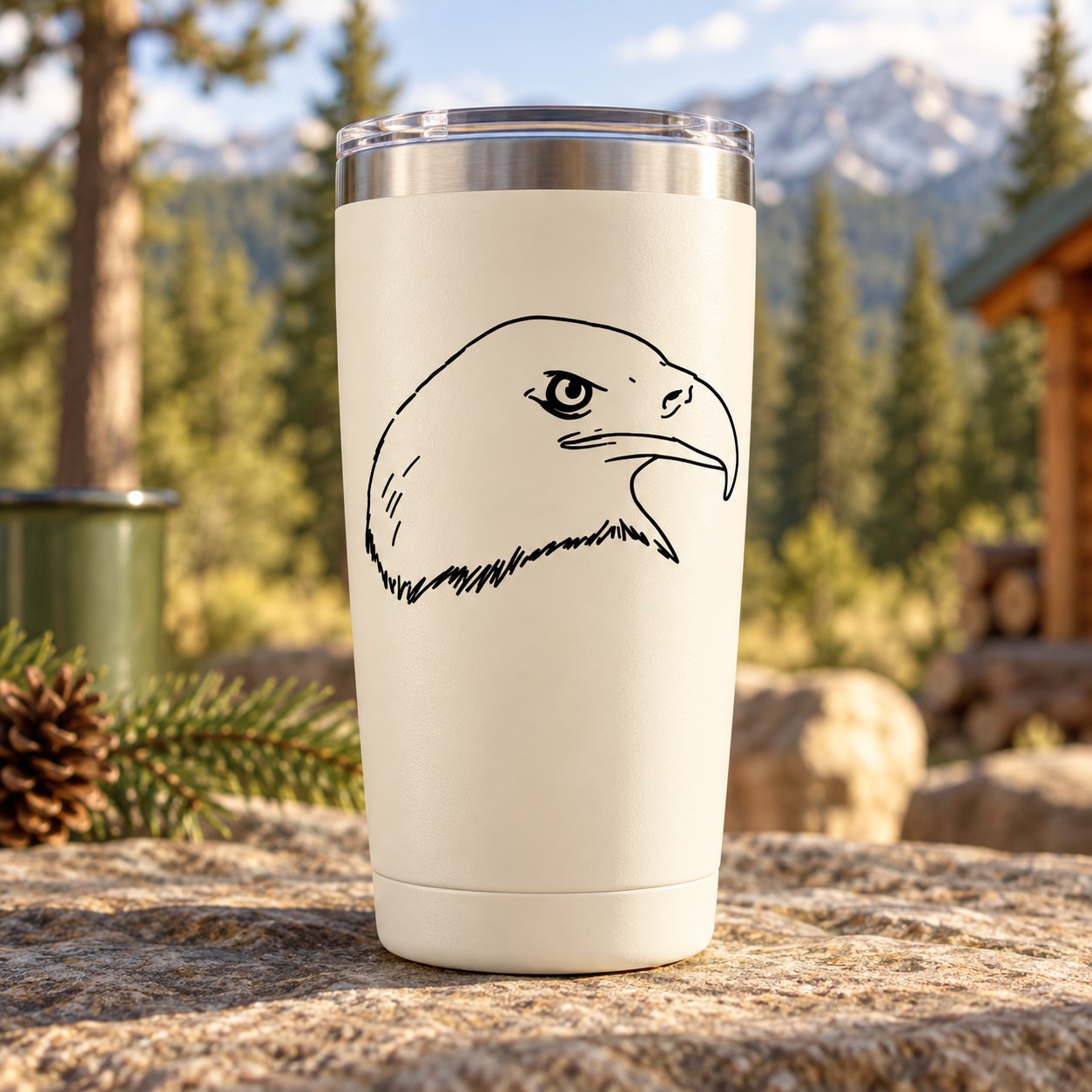 Eagle head outline vinyl decal in black on a white tumbler
