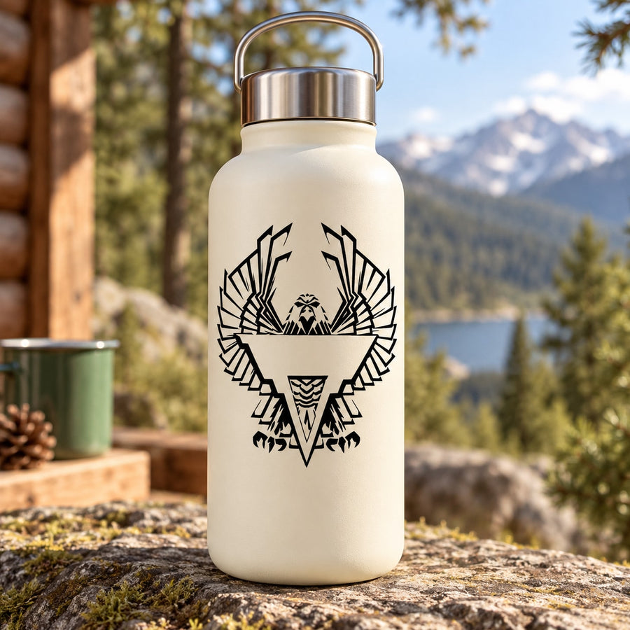 White water bottle with black eagle emblem decal on front