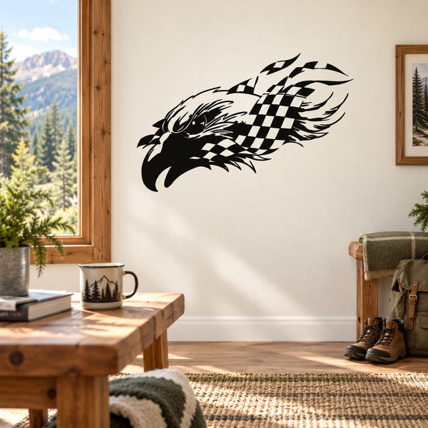 Eagle head and checkers wall decal with bold black checker pattern wings
