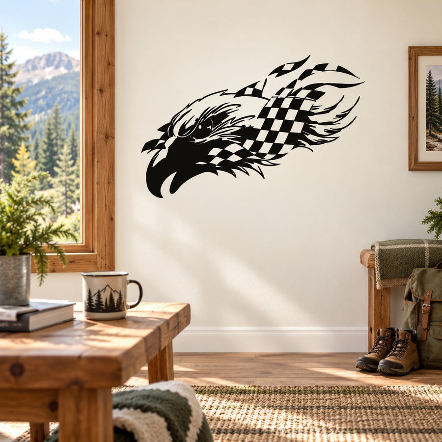 Eagle head and checkers wall decal with bold black checker pattern wings