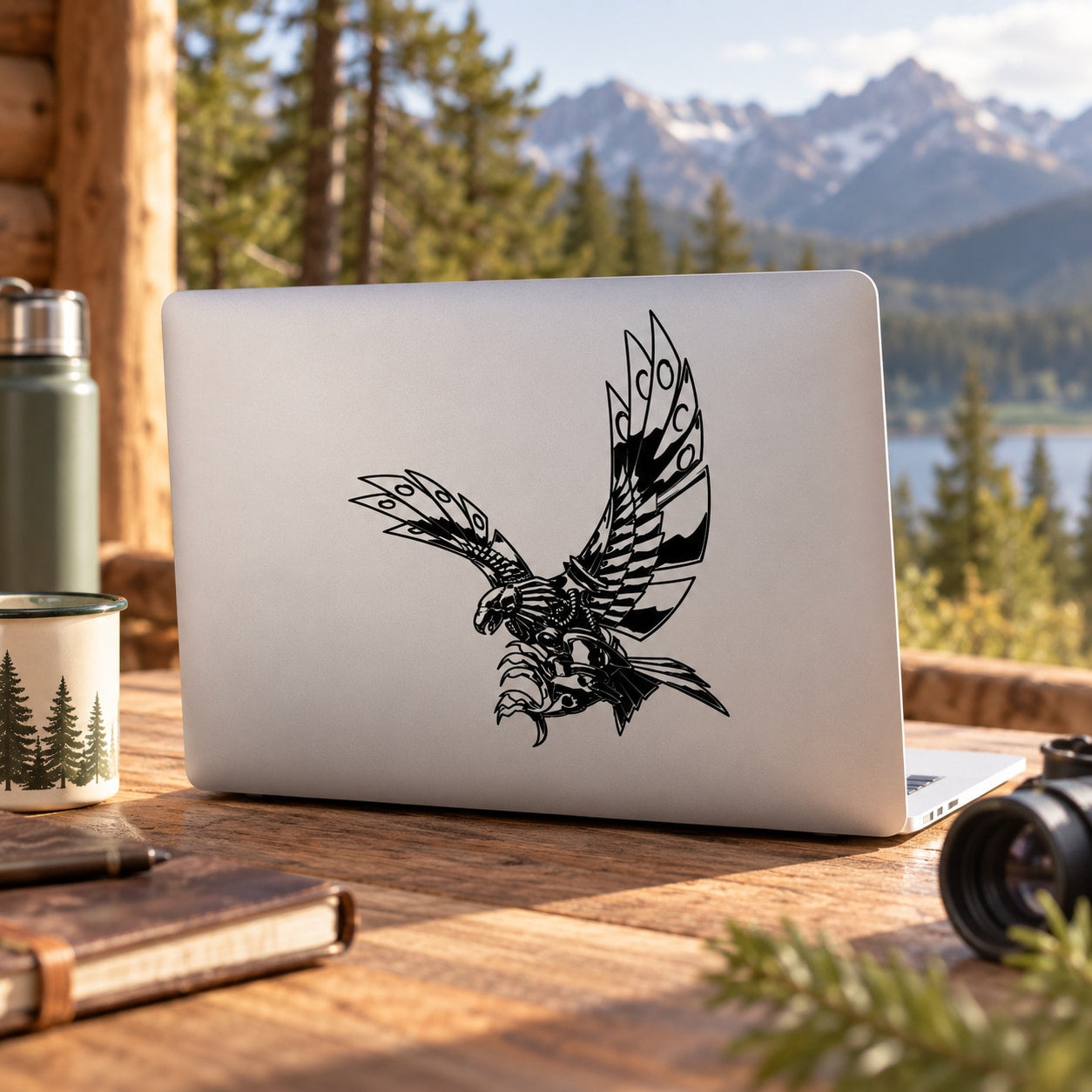 Intricate eagle decal with black line-art bird with wings spread on light surface
