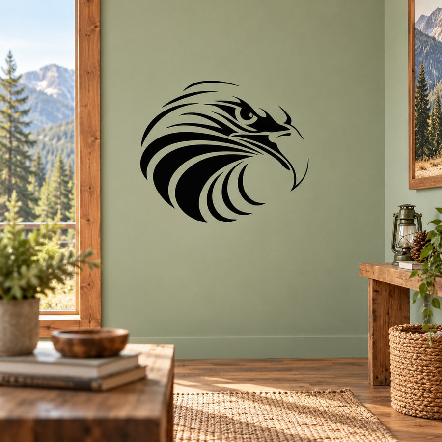 Intimidating eagle head decal, black profile graphic with detailed feathers