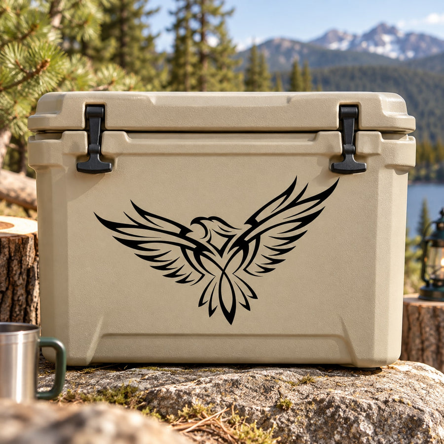 Flying eagle decal with black winged emblem on light-colored cooler lid