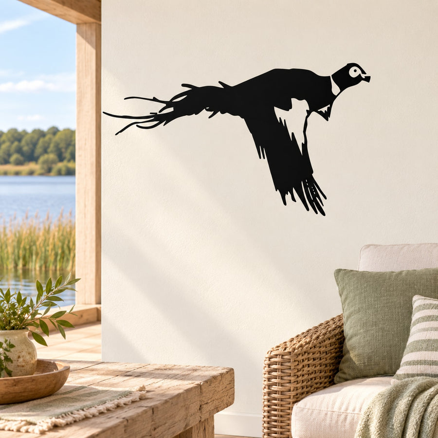 Flying pheasant wall decal with black silhouette in flight