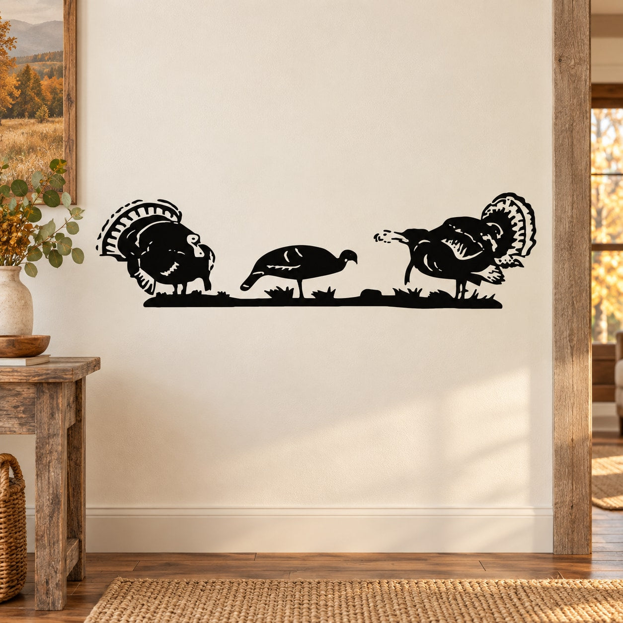 Turkey grazing field wall decal with three black silhouette birds