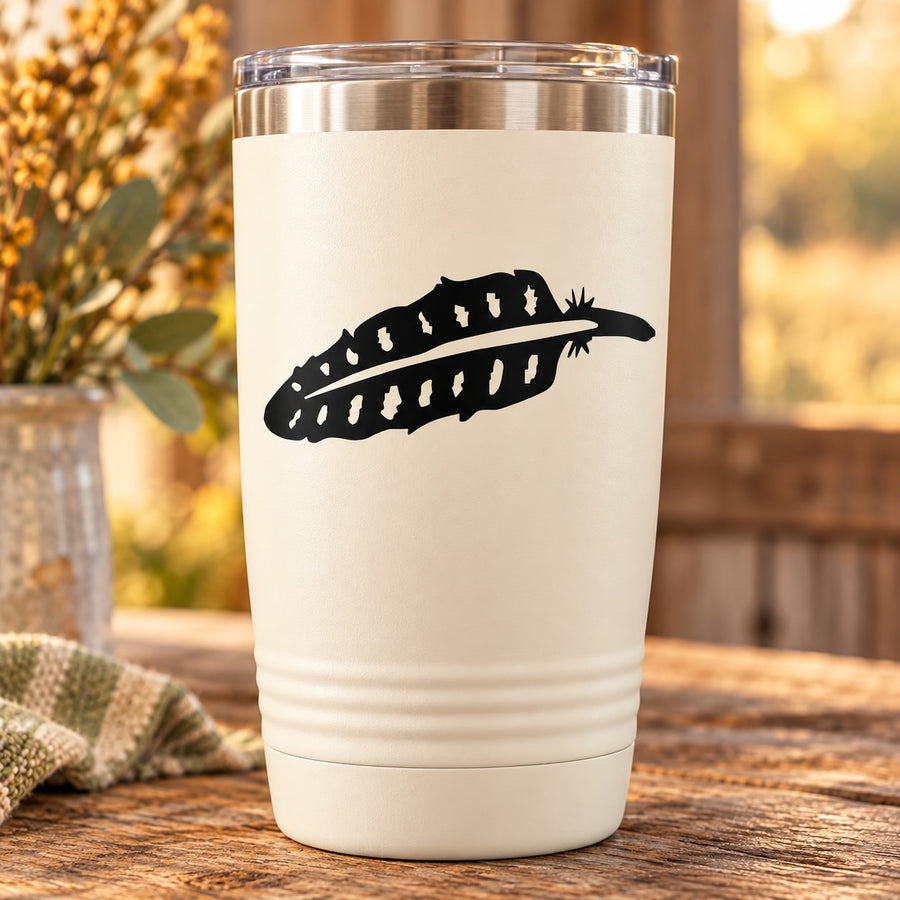 White tumbler with black turkey feather decal and clear sliding lid