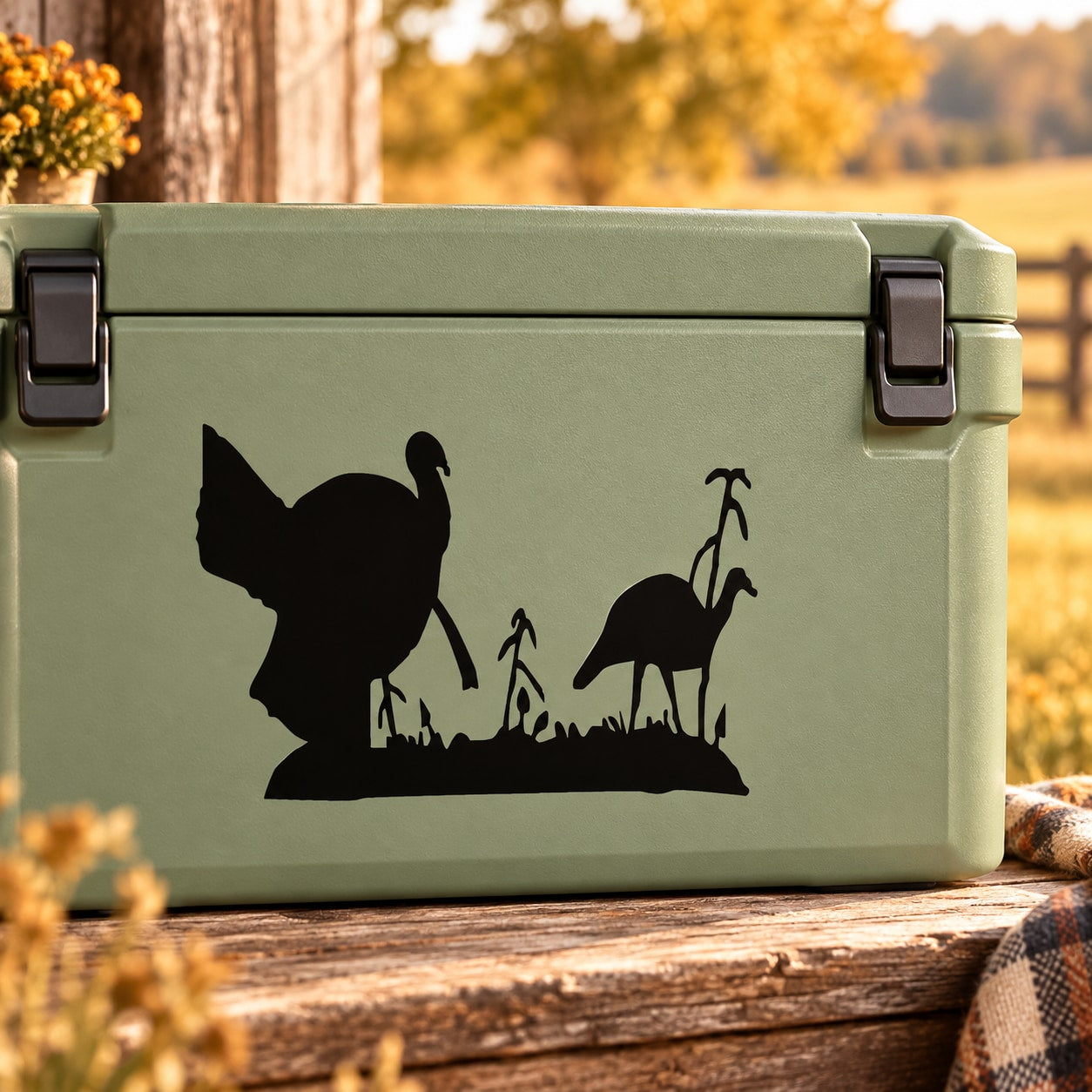 Turkey and hen field silhouette decal with grasses and small birds