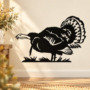 Black turkey wall decal silhouette with wings spread and detailed feathers