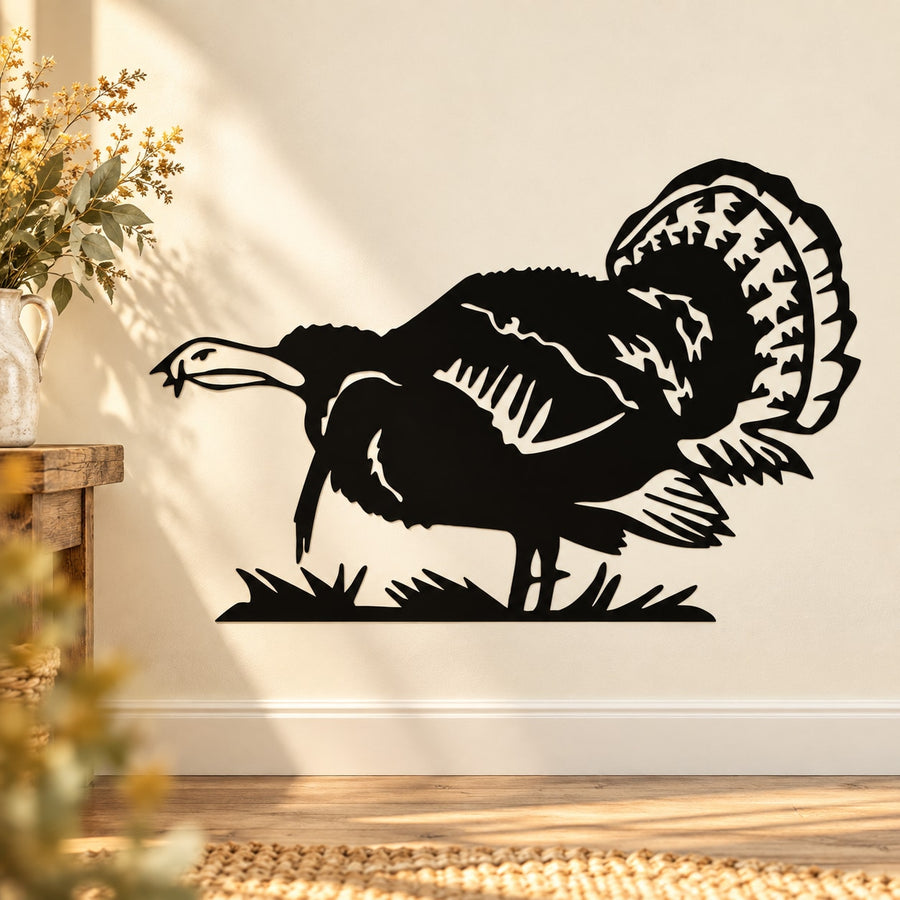 Black turkey wall decal silhouette with wings spread and detailed feathers