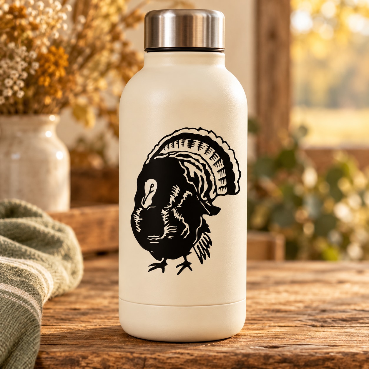 Cream water bottle with black staring turkey decal