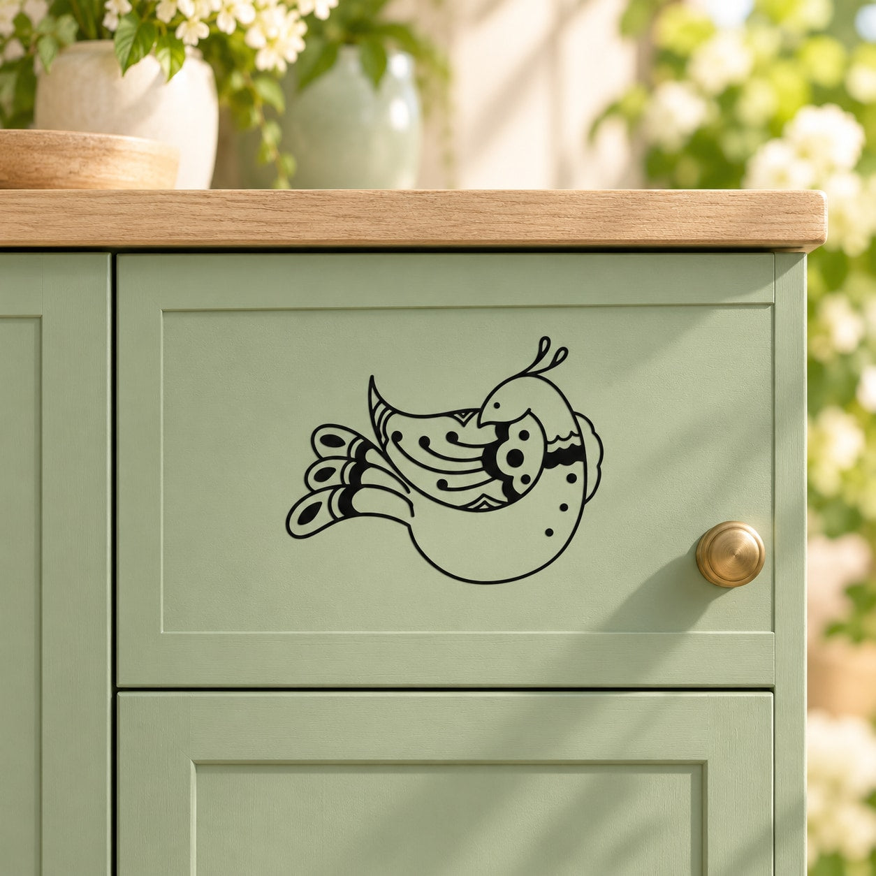 Peacock fluttering decal, black outlined bird with curled tail feathers