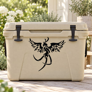 Flared peacock wing decal with black decorative bird silhouette on cooler
