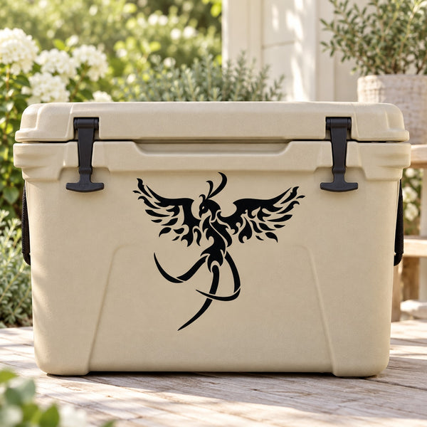 Flared peacock wing decal with black decorative bird silhouette on cooler