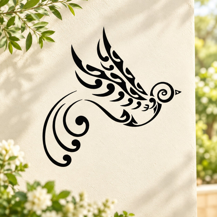 Wispy peacock feather decal with black swirling tail and spiral eye design