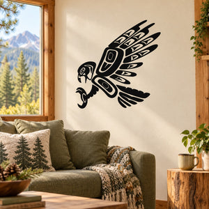 Attacking hawk wall decal, black stylized bird with detailed wings