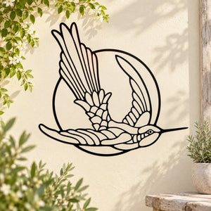 Hummingbird and moon wall decal in black line art
