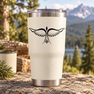 White tumbler decal with black eagle wings centered