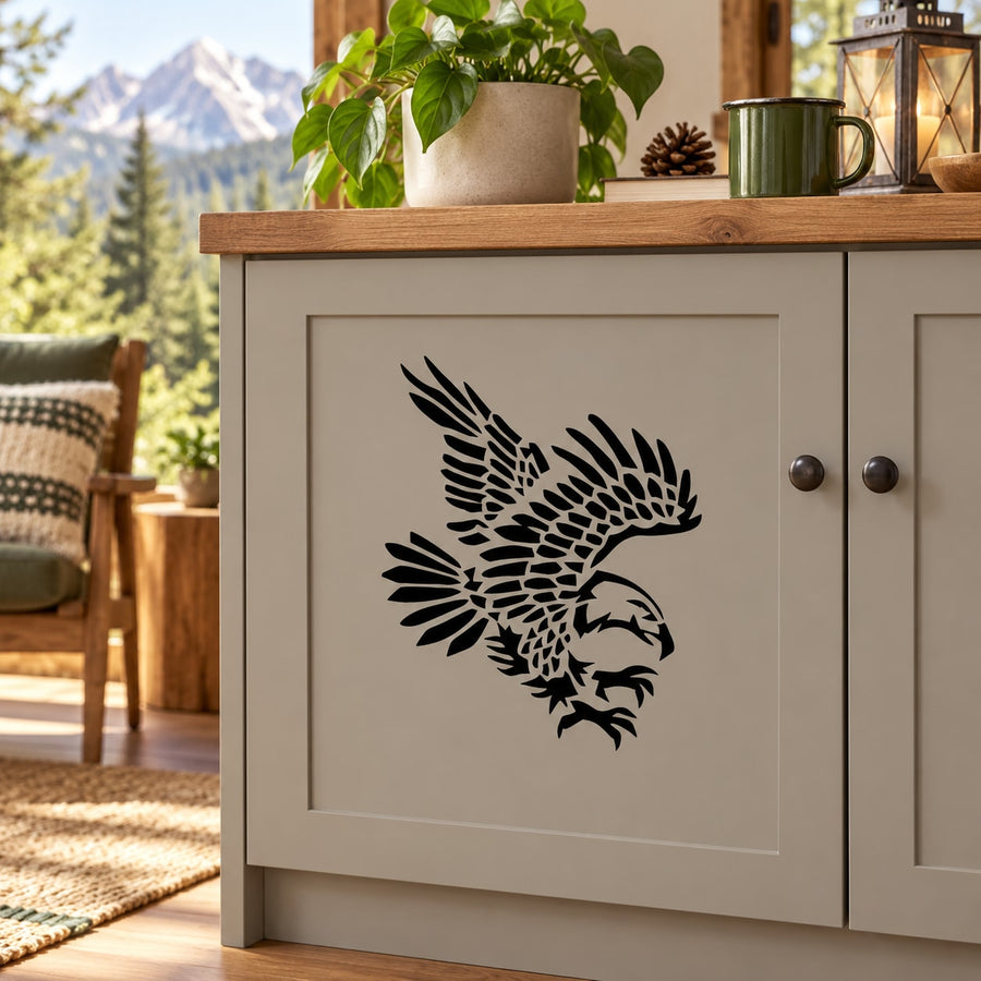 Feathered reaching eagle vinyl decal, black silhouette on white backing