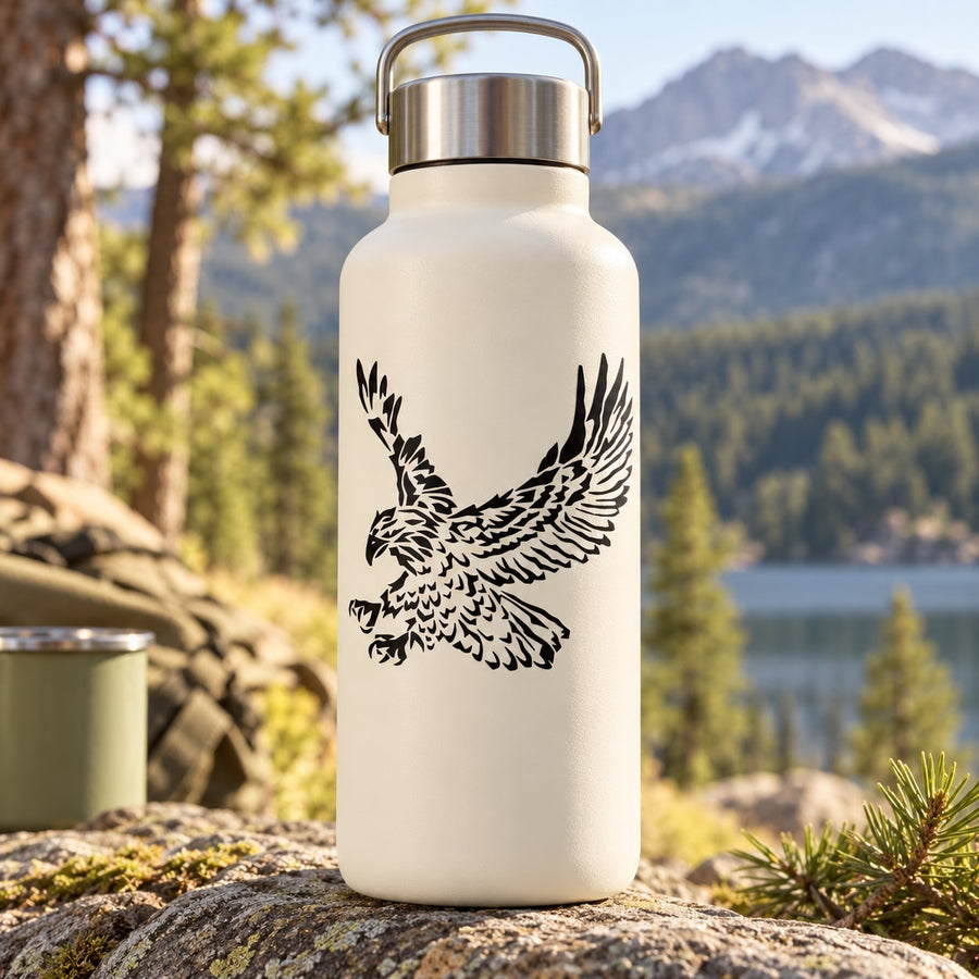 Black eagle wing decal on a white water bottle