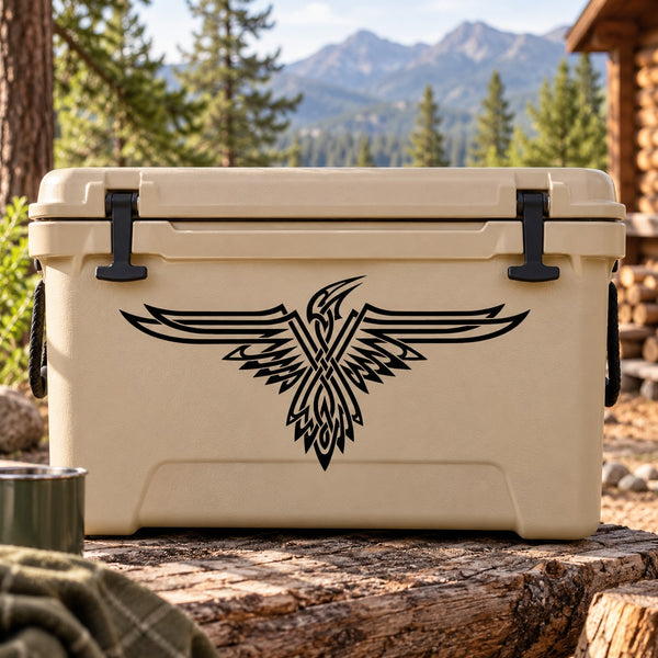 Geometric spread eagle decal in black on a light tan cooler