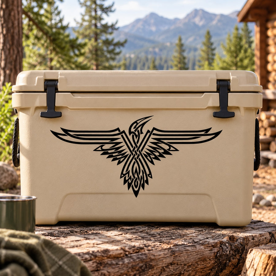 Geometric spread eagle decal in black on a light tan cooler