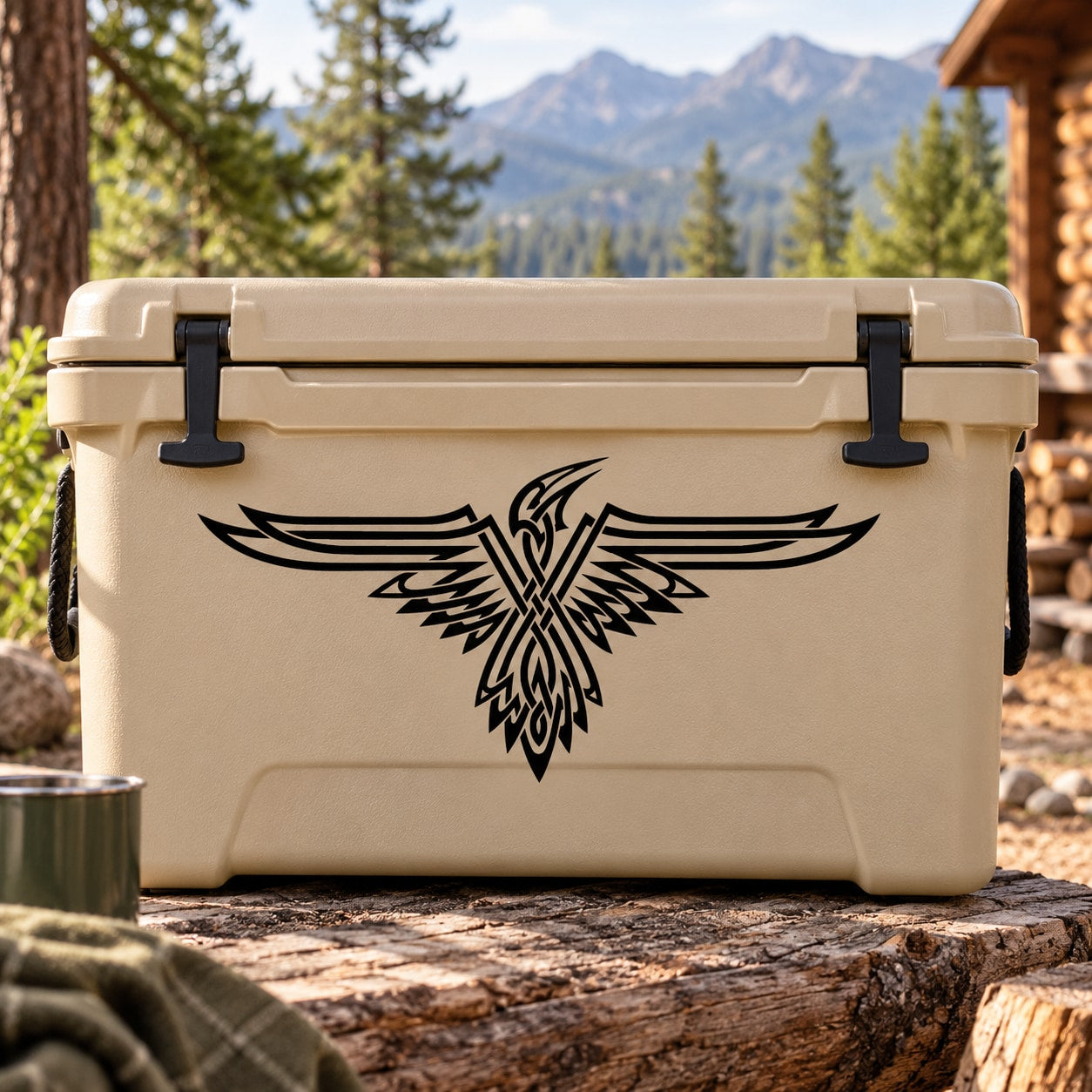 Geometric spread eagle decal in black on a light tan cooler