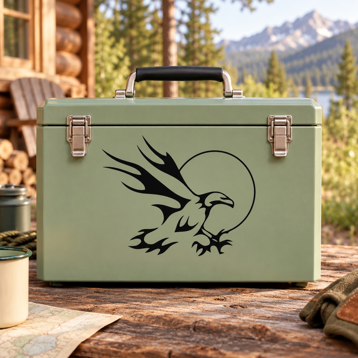 Eagle and sun vinyl decal with black graphic for outdoor gear