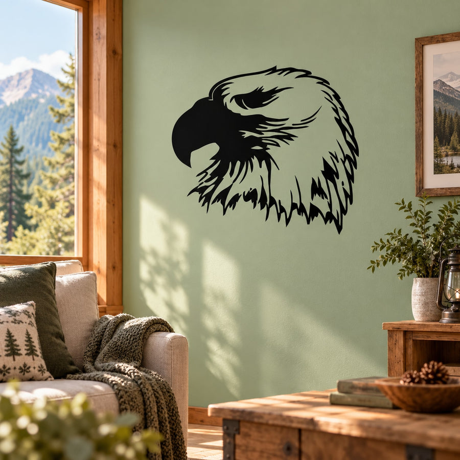 Eagle head wall decal, black and cream stylized design with watching gaze