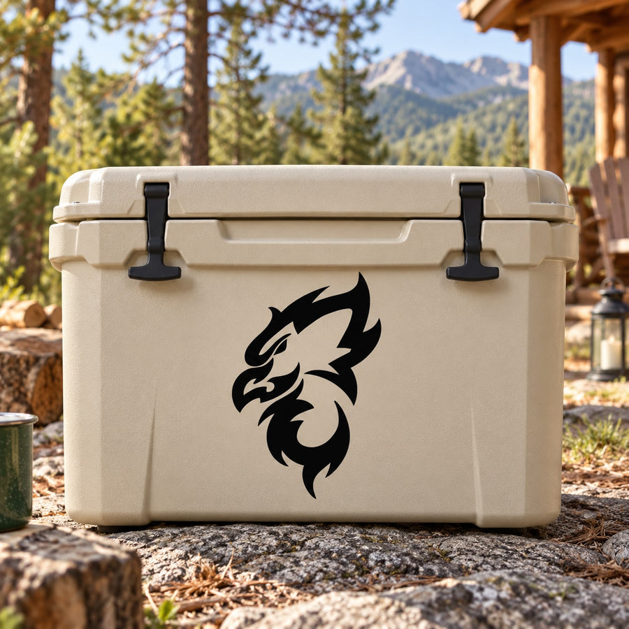 Eagle head decal with blazing black design on beige cooler