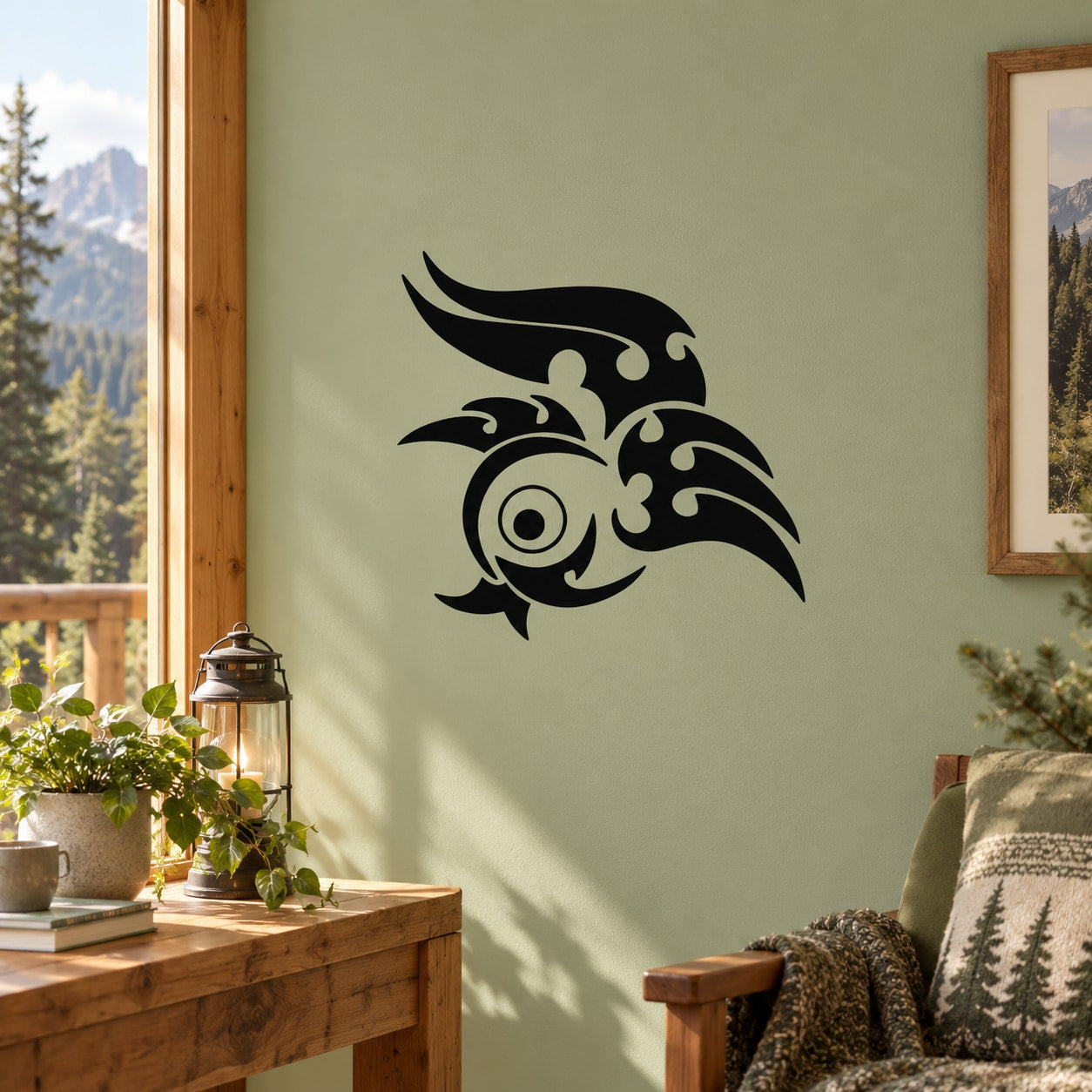 Tribal birdy decal in black, stylized swirling bird silhouette design