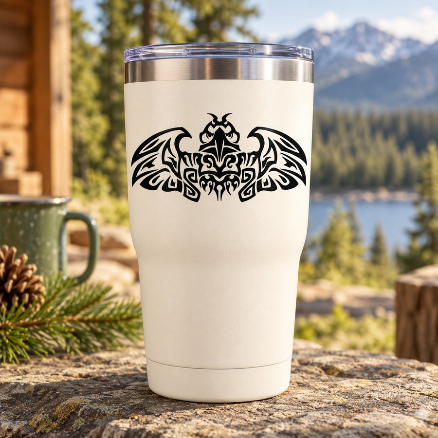 White tumbler with black tribal eagle decal, full-body wing design