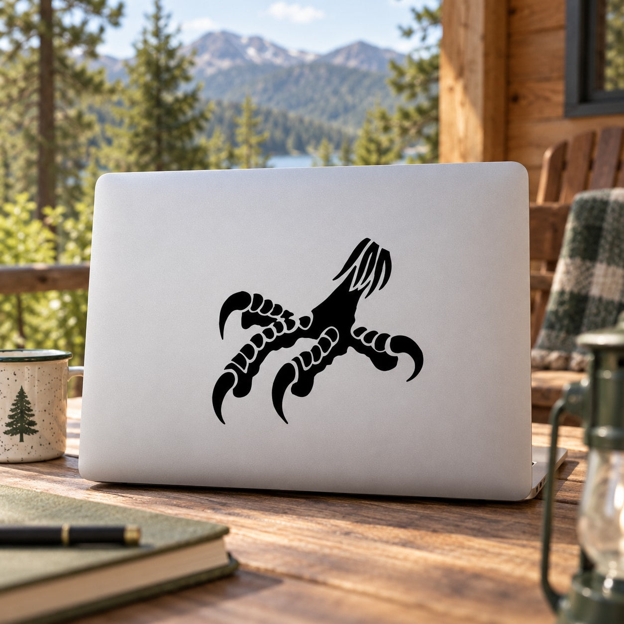 Eagle talon decal on white laptop lid, black graphic.