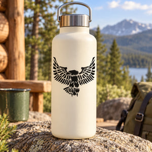 Eagle wings territorial decal, black graphic on white bottle
