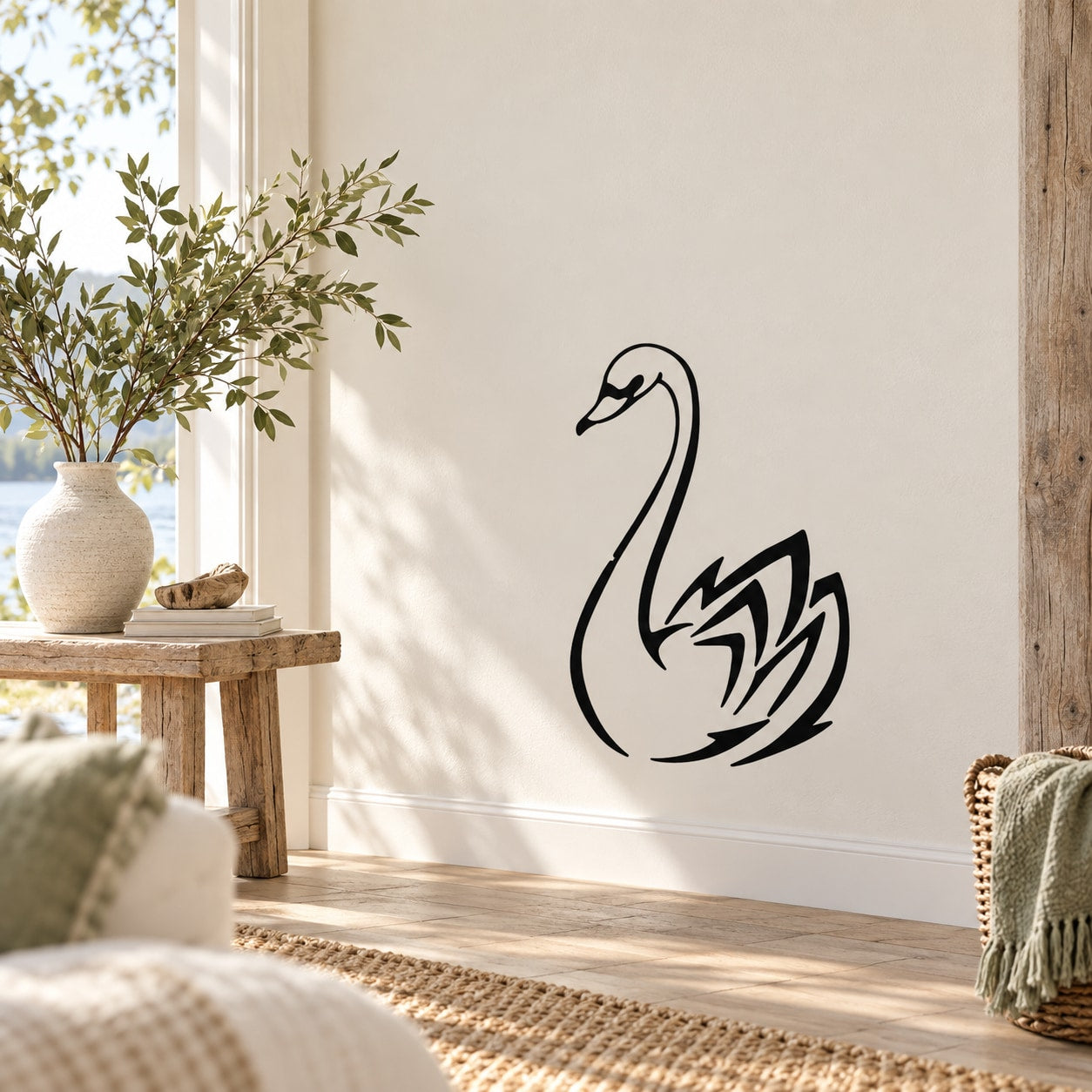 Swan wall decal in black outline, removable vinyl sticker
