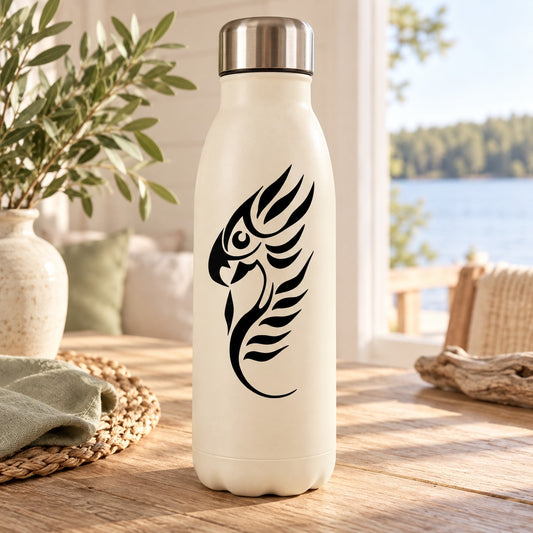 Cream water bottle with black tribal parrot decal