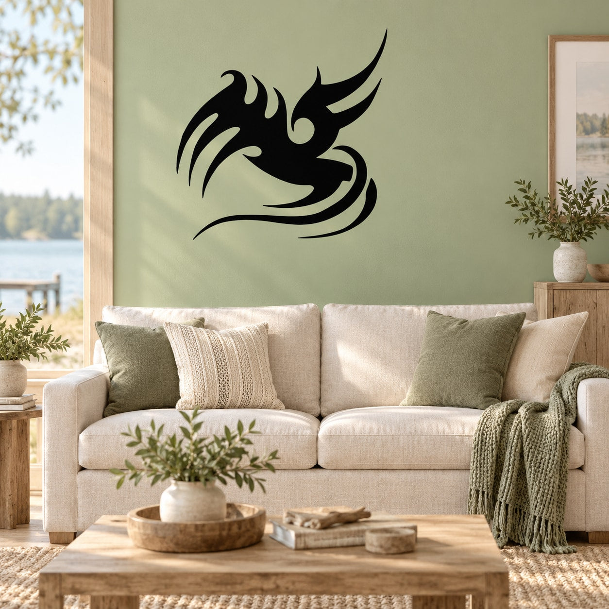 Abstract flaming bird wall decal in black, designed for outdoor or indoor wall use
