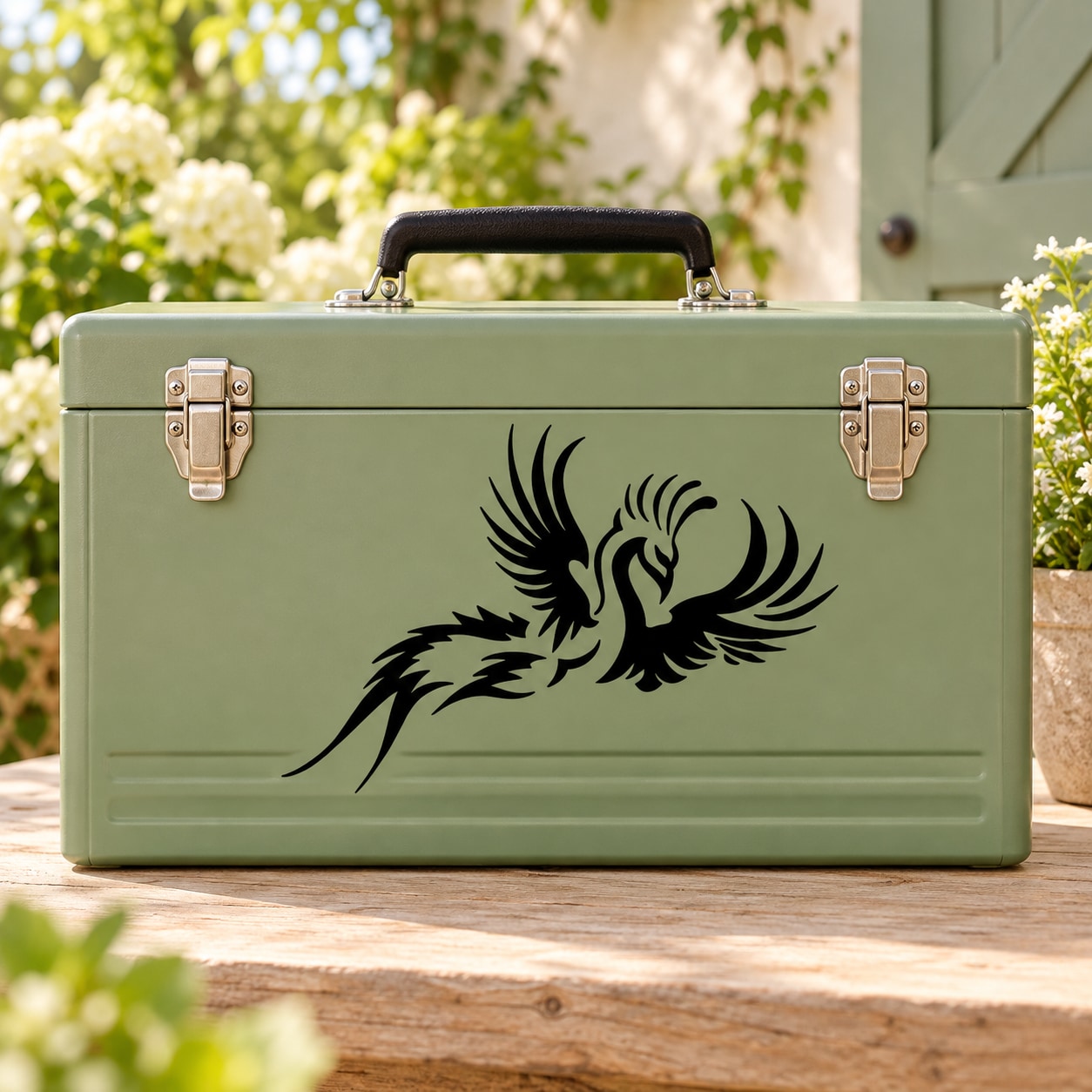 Flying peacock silhouette vinyl decal, black outline on light olive background.