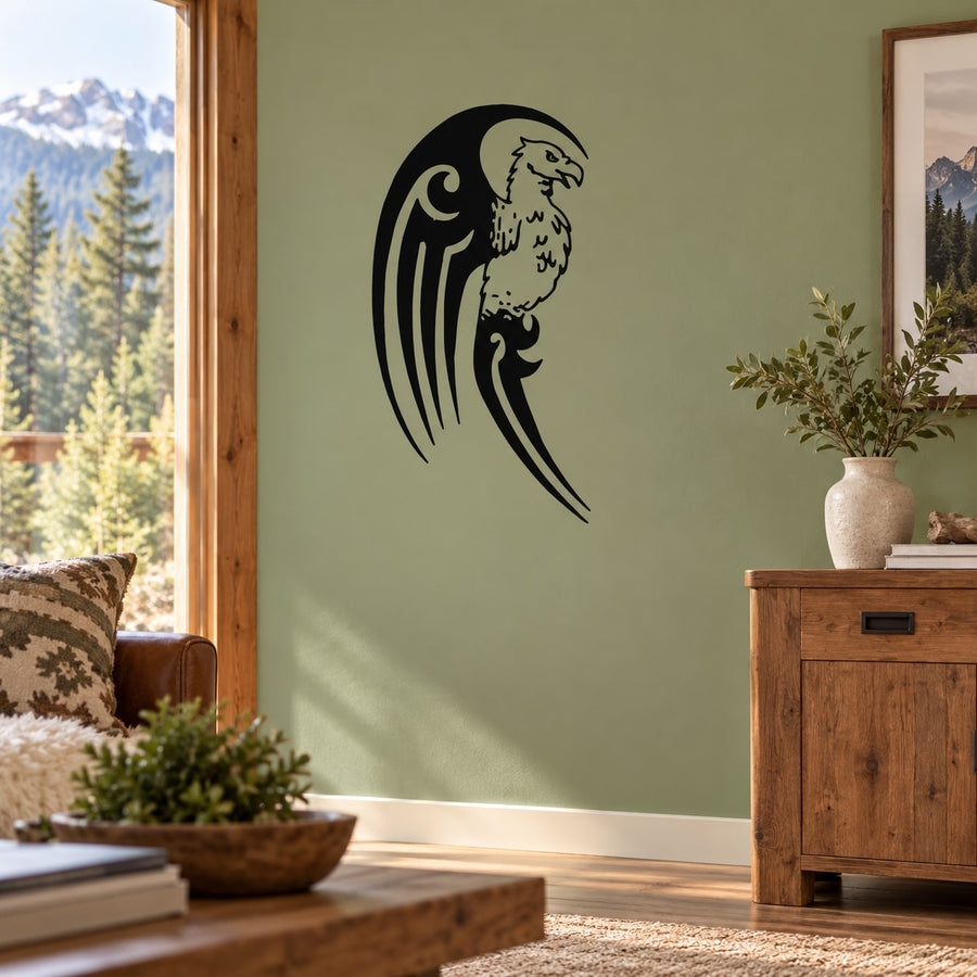 Black eagle head wall decal with wings and tail graphic
