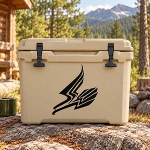 Beige hard cooler with black flying eagle decal on front