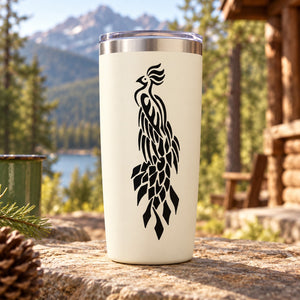 White tumbler with black peacock feather decal graphic