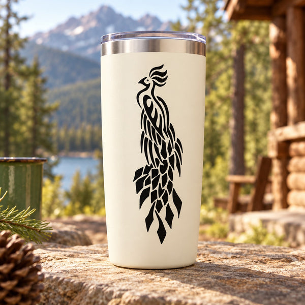 White tumbler with black peacock feather decal graphic