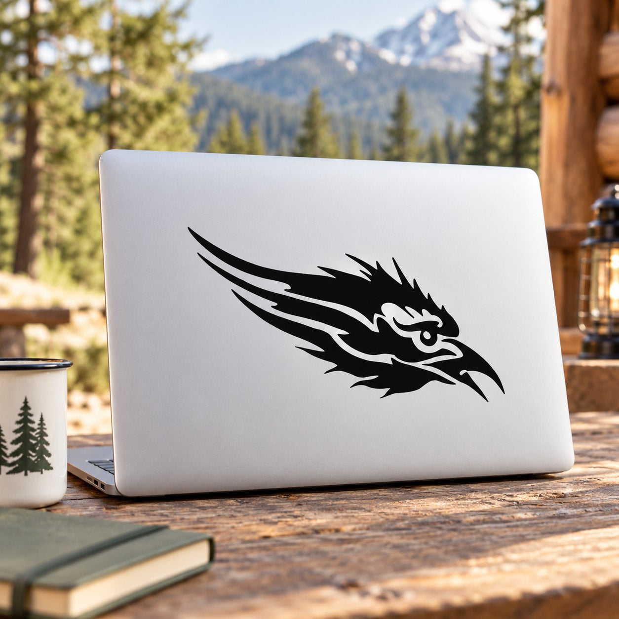 Eagle head decal featuring a bold black stylized bird graphic on a light surface