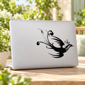 Flying peacock decal sticker on white laptop lid, black intricate line art